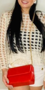 Gold Shoulder Handbag With Pearl Handle In Red