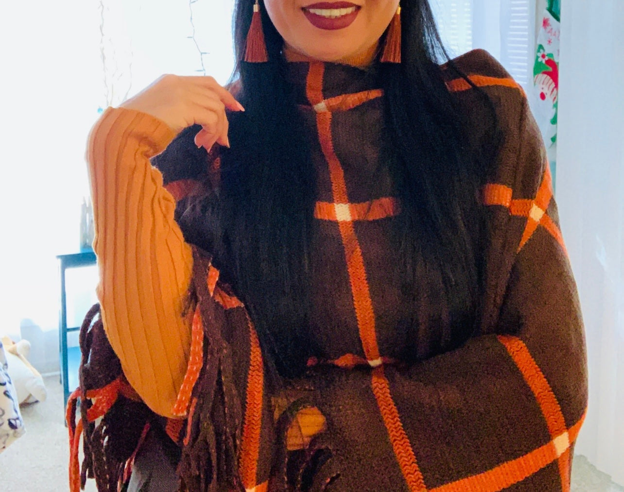 Brown Poncho With Orange Stripe