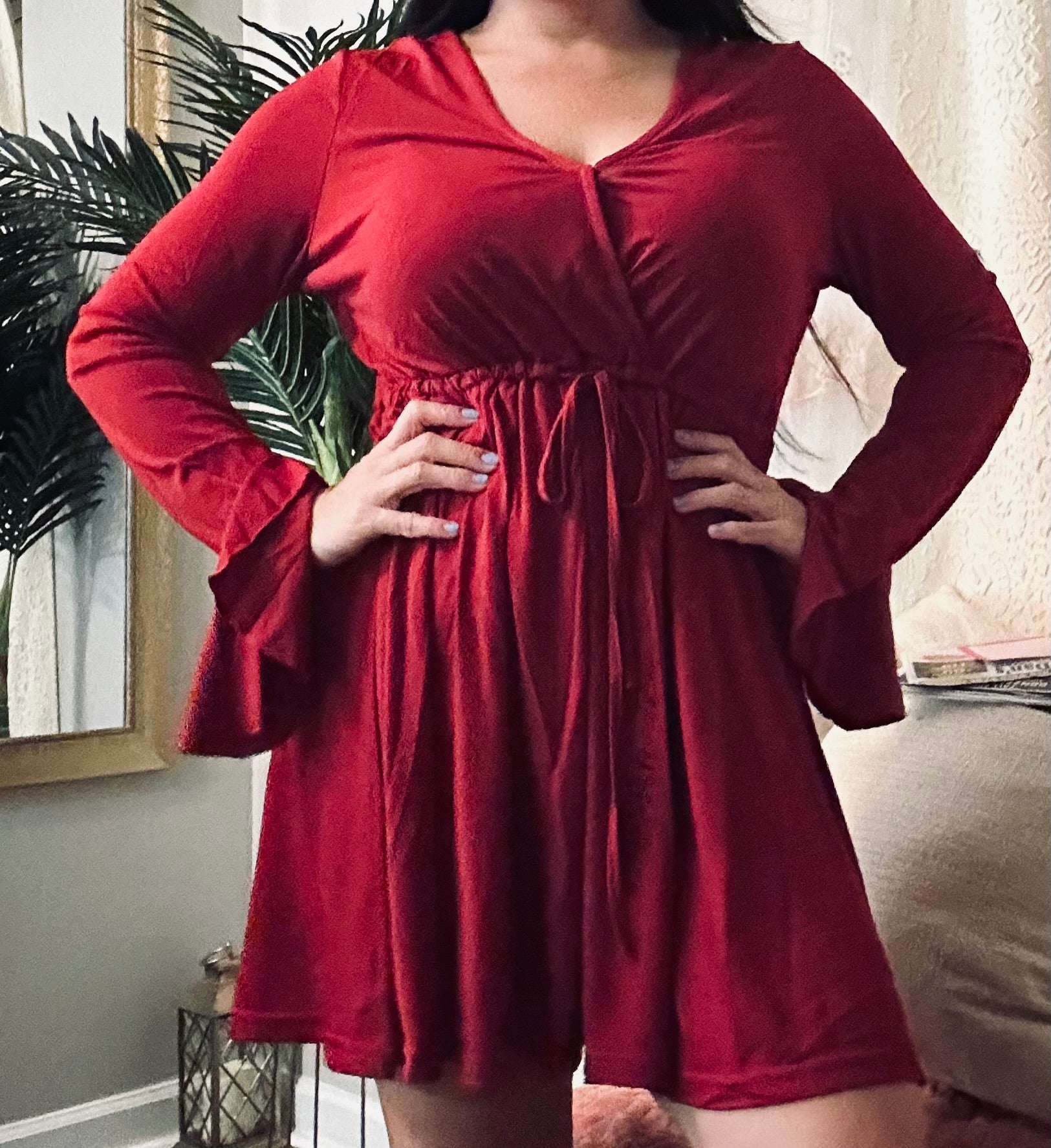 Red Dress With Long Sleeve & Above the knew length