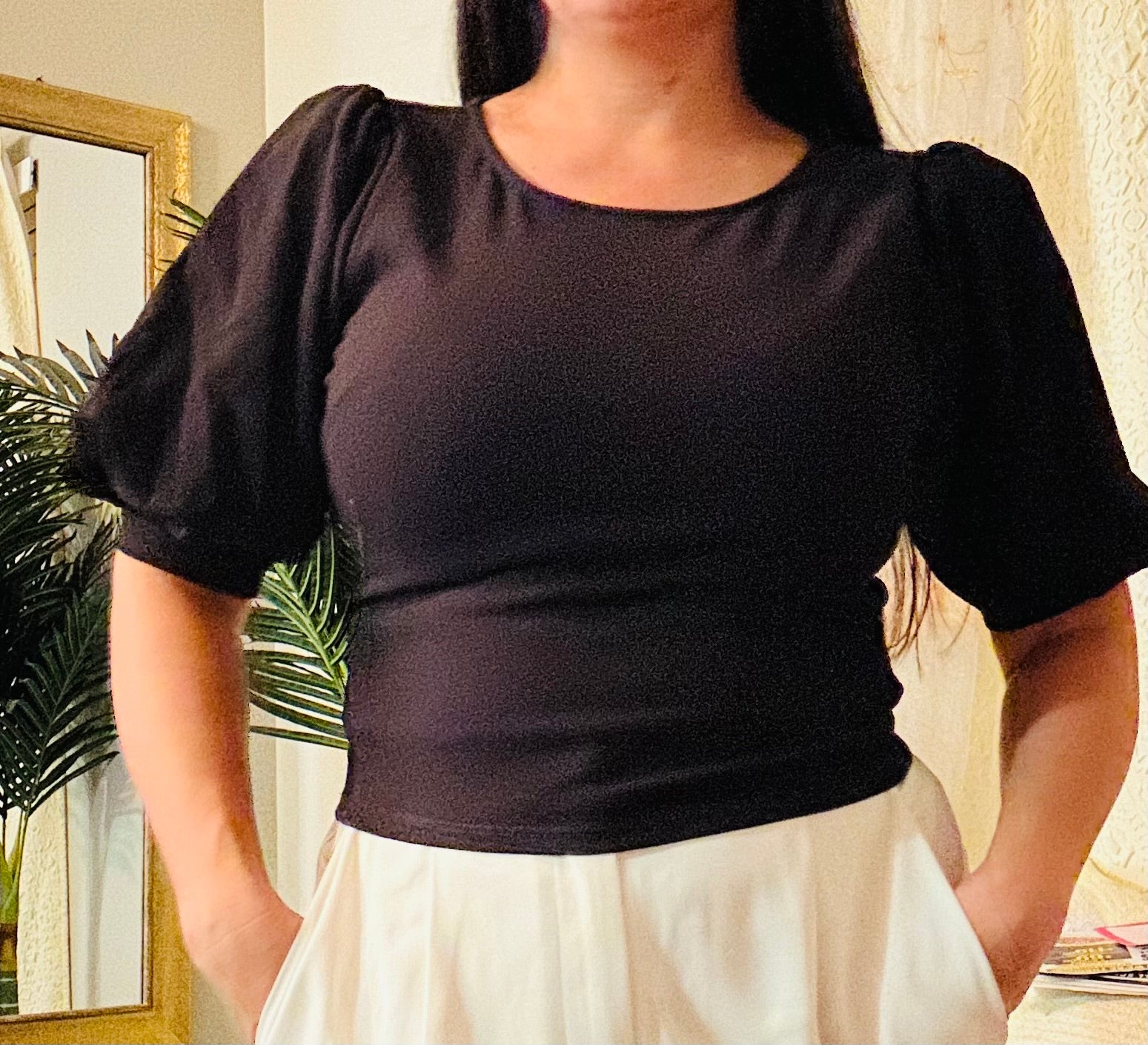 Fitted top with puffy shoulder