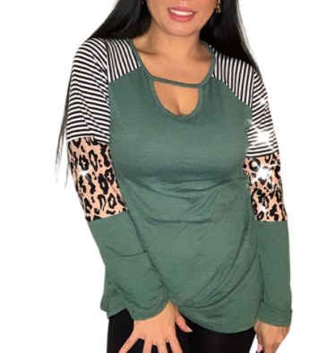 Long Sleeve Shirt With Stripe & Leopard Design On the Sleeve